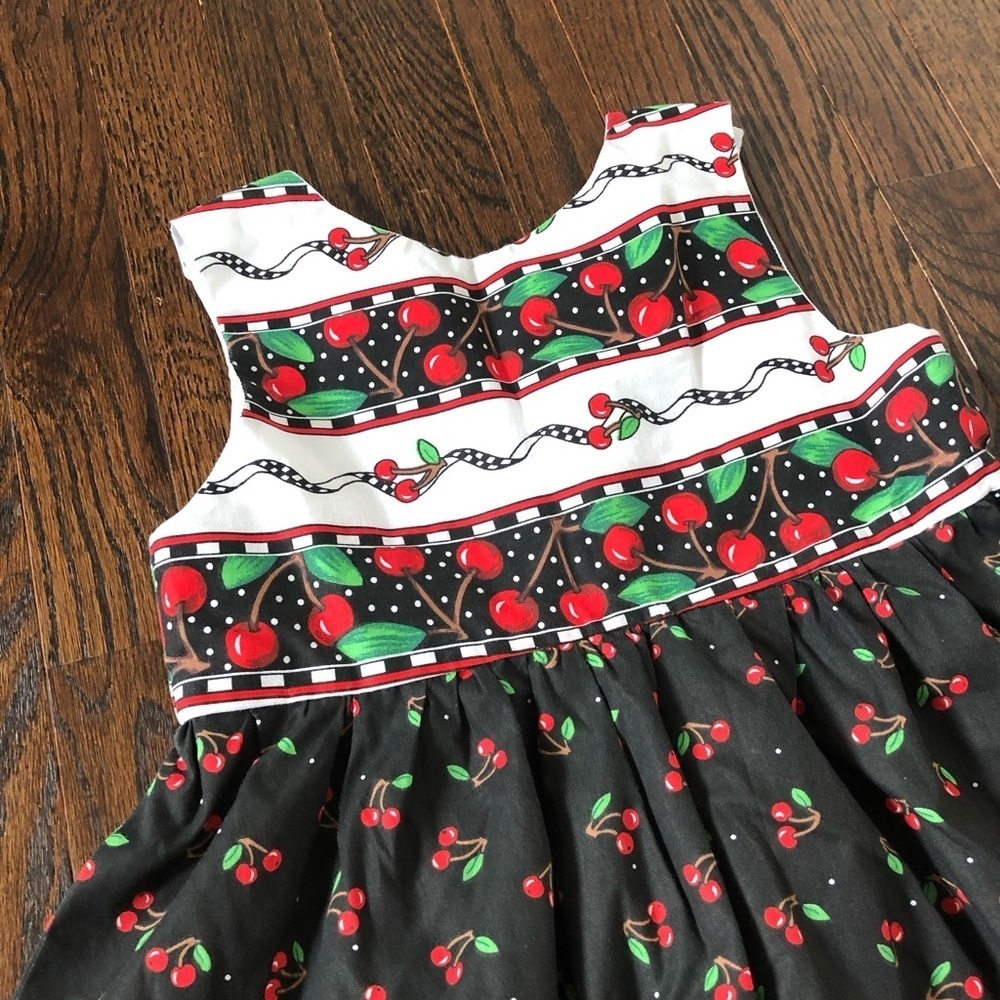 Vintage Girls 8-10 Black/Red Cherries A-Line Sleeveless Midi Dress w/Pockets - Picture 9 of 10